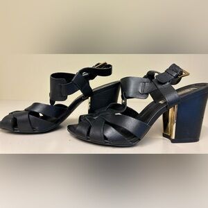 Jorge Bischoff Block heeled black leather gold accent sandals women's size 36